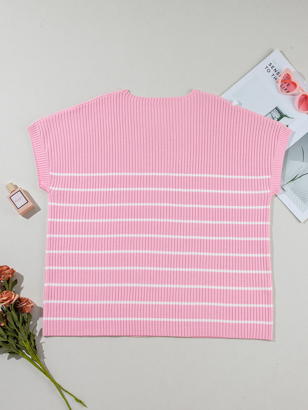 Pink Striped Ribbed Oversized T-Shirt for Plus Size Women