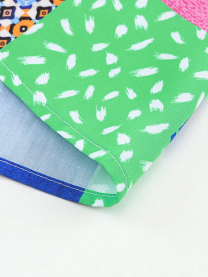 Floral Patchwork Print Button-Up Blouse