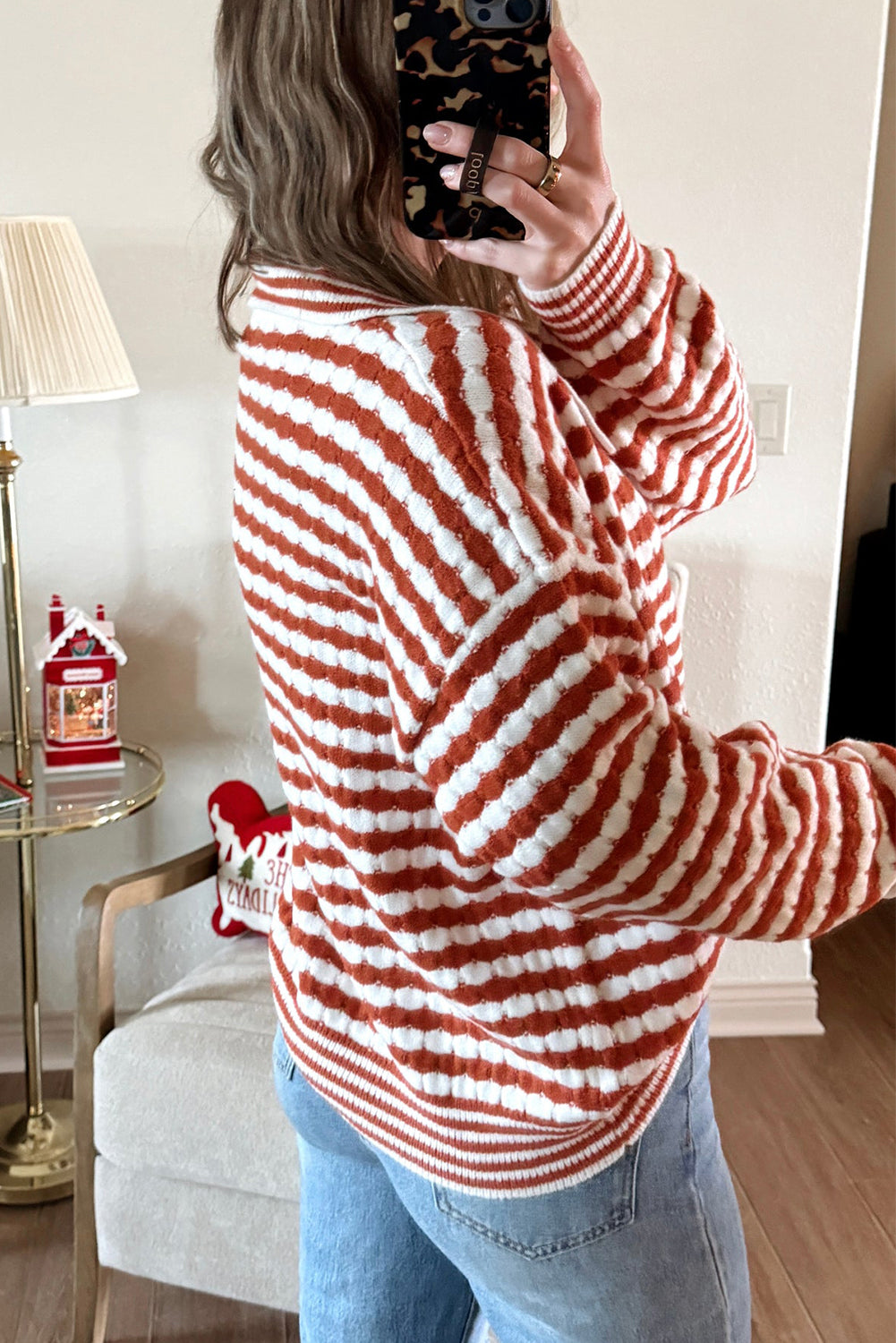 Cinnamon Striped Collared Cozy Sweater