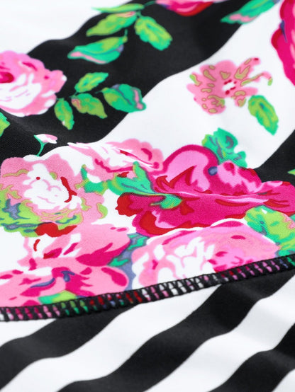 Floral Striped Patchwork Rashguard Swimsuit with Long Sleeves