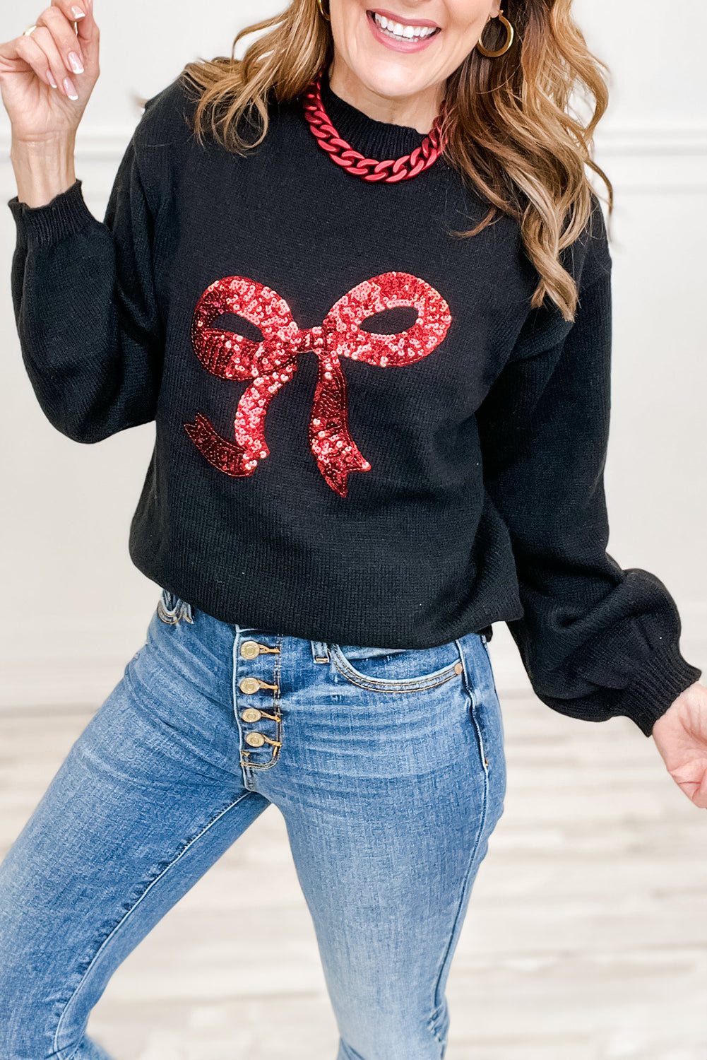 Black Sequin Ribbon Bow Embroidered Casual Sweater