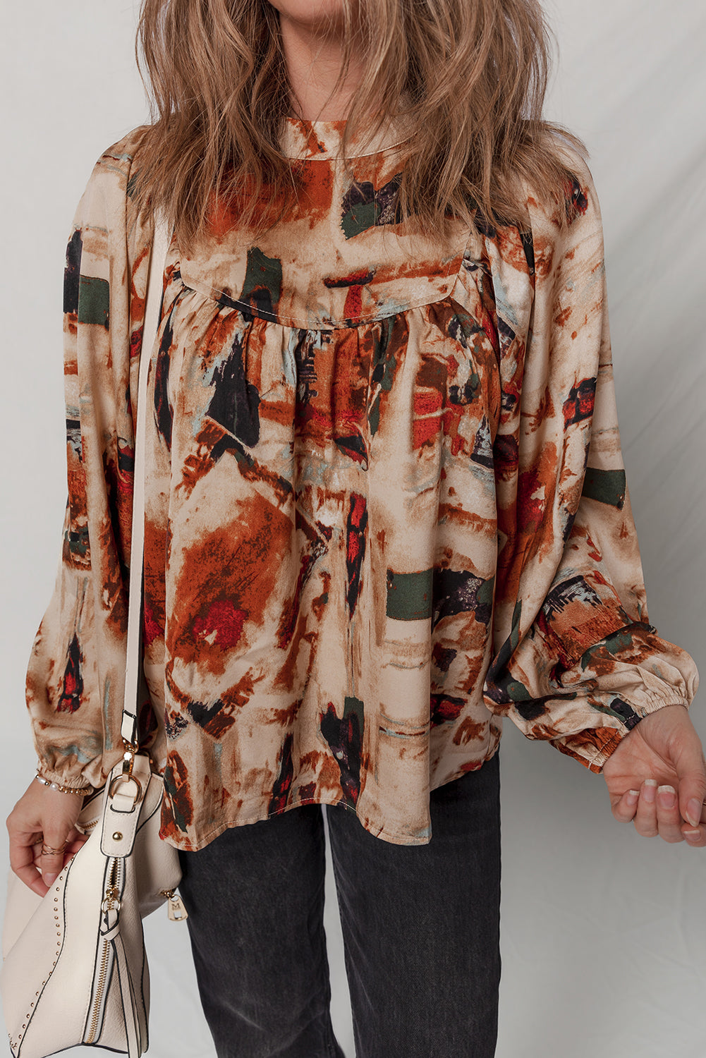 Multicolour Retro Abstract Print Zip Back Long Puff Sleeve Blouse
