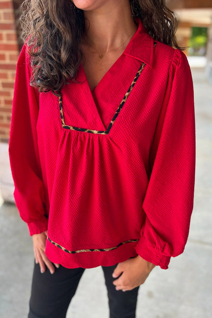 Fiery Red Collar V Neck Leopard Contrasted Trim Long Sleeve Blouse