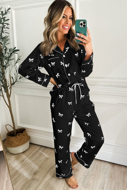 Black Bows Print Two Piece Sleepwear