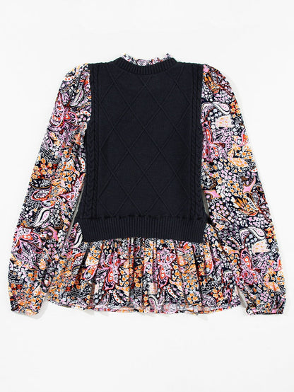 Graceful Black Floral Peplum Sweater with Ruffled Hem