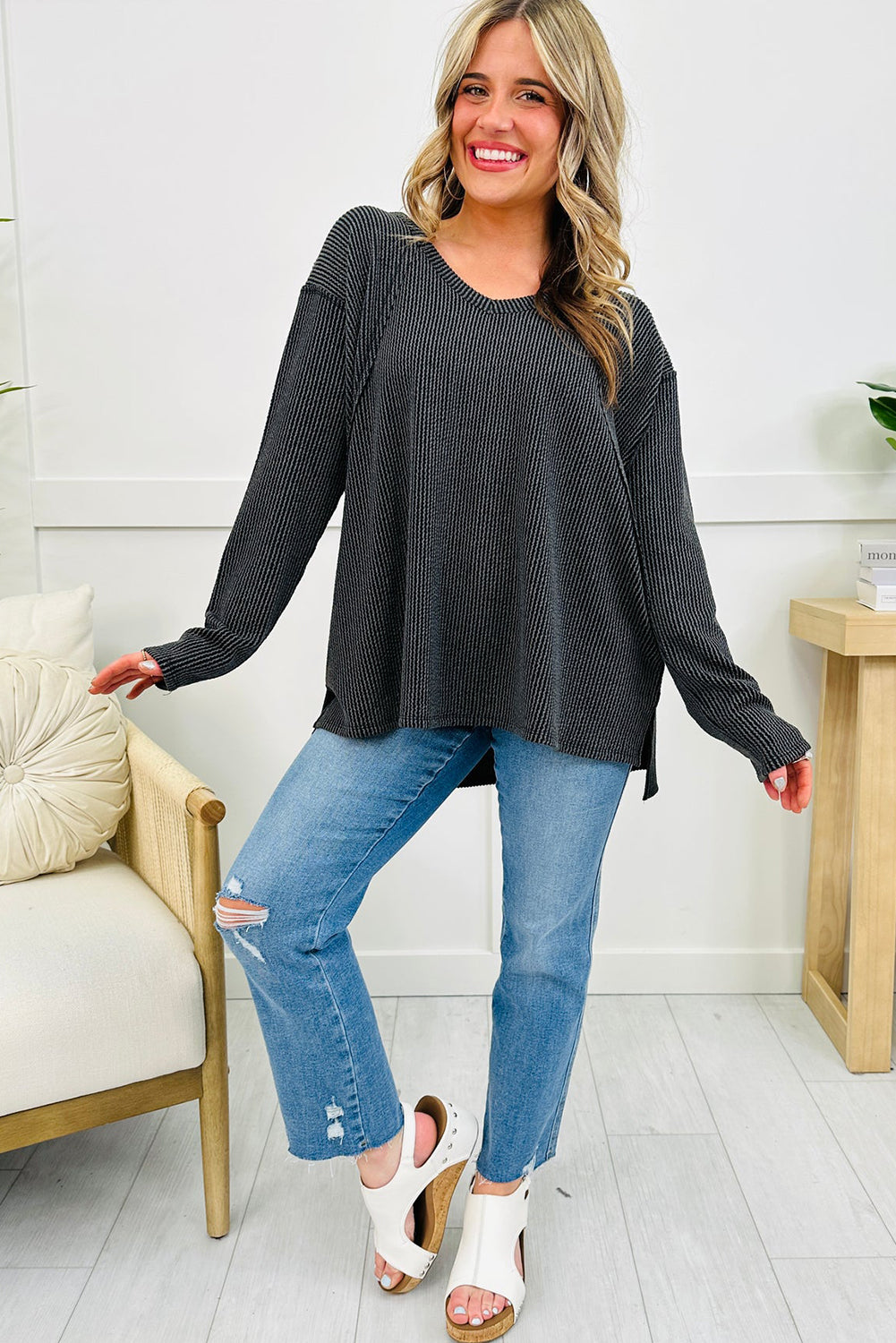 Dark Grey Twisted Rib Texture Exposed Seam Patchwork Loose Long Sleeve Top