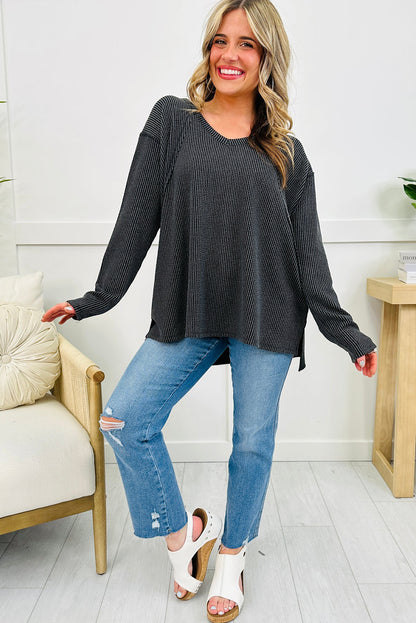 Dark Grey Twisted Rib Texture Exposed Seam Patchwork Loose Long Sleeve Top