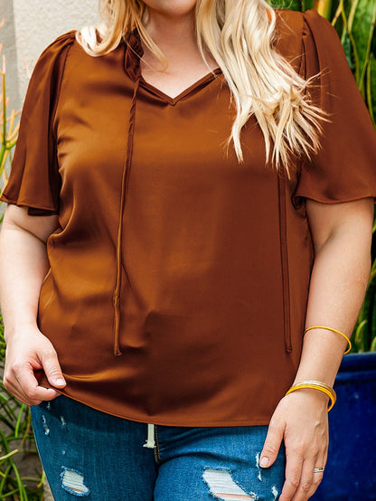 Chestnut Frilled Split Neck Plus Size Satin Blouse
