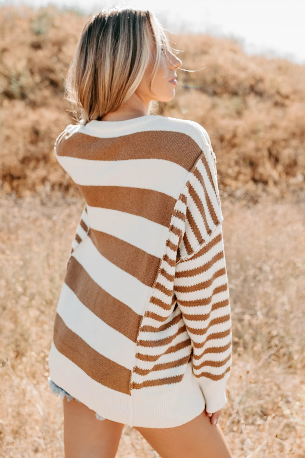 Brown Stripe Exposed Seam Drop Shoulder Sleeve Contrast Patchwork Baggy Sweater