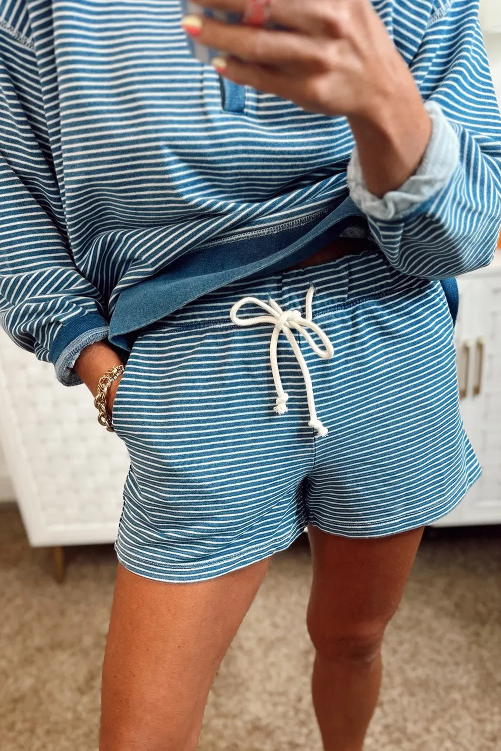 Blue Stripe Seam Detail Button Neck Loose Pullover Drawstring Short Set