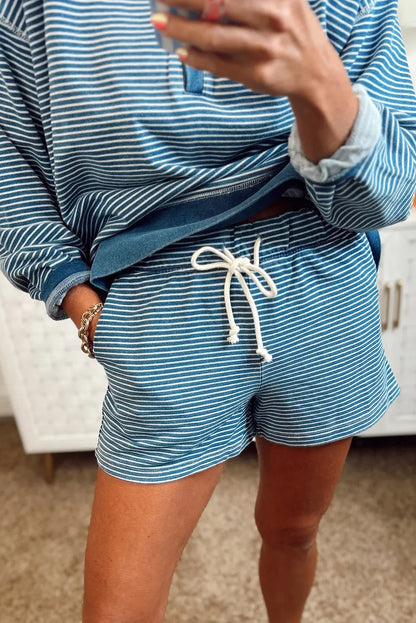 Blue Stripe Seam Detail Button Neck Loose Pullover Drawstring Short Set