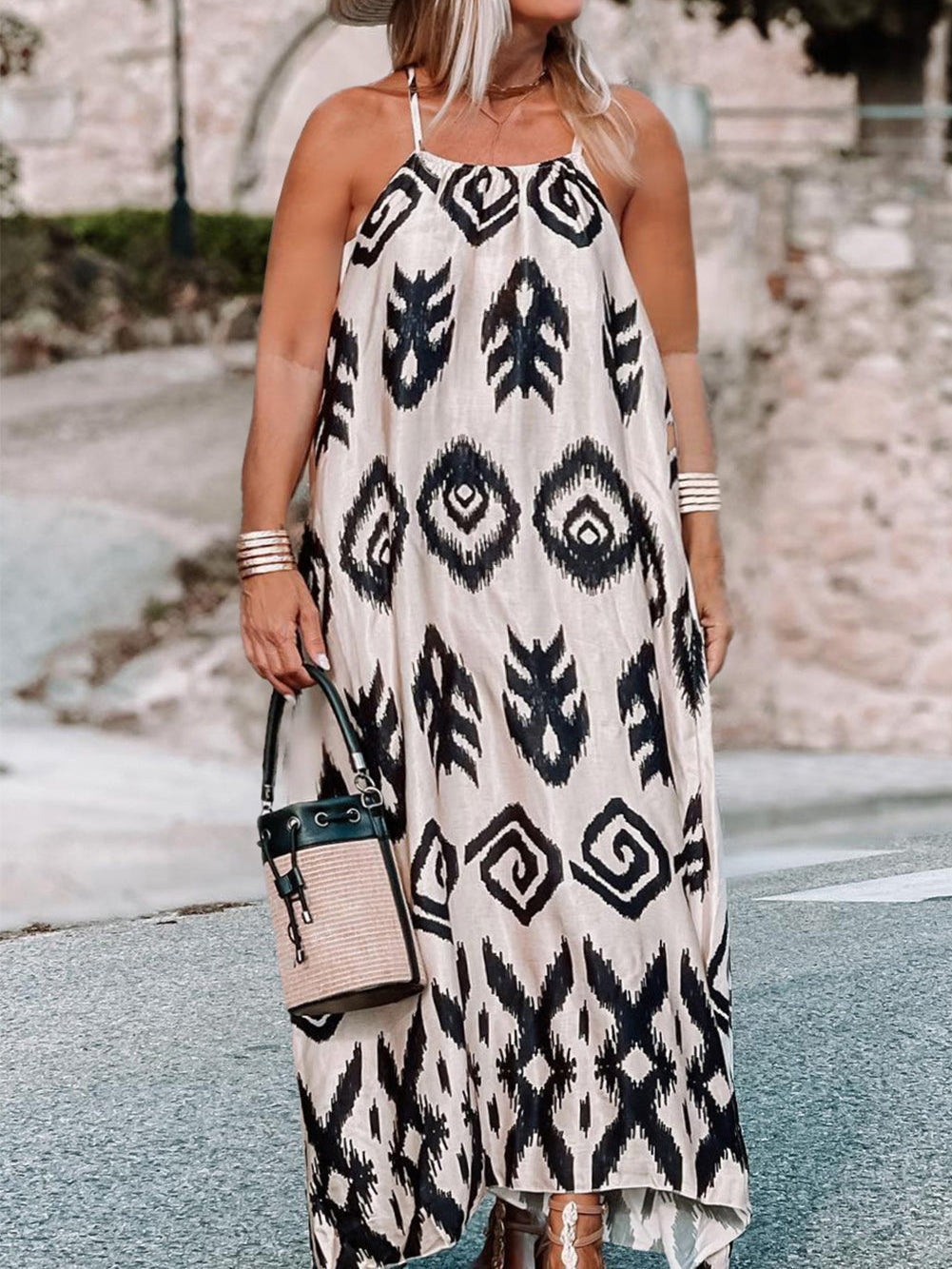 Cowgirl Chic Black Aztec Western Print Halter Maxi Dress