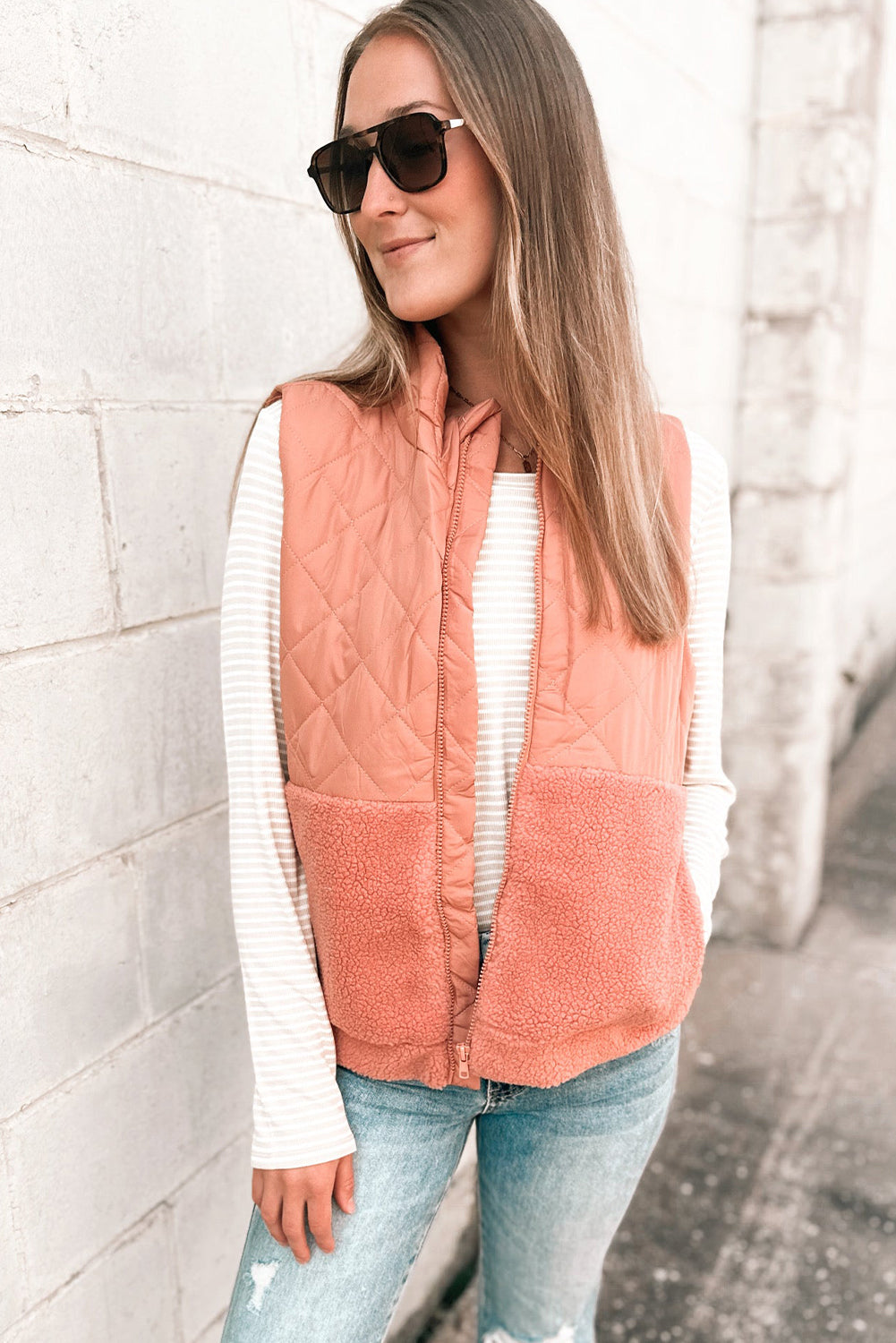 Pale Chestnut Sherpa Quilted Patchwork Zip Up Stand Neck Vest