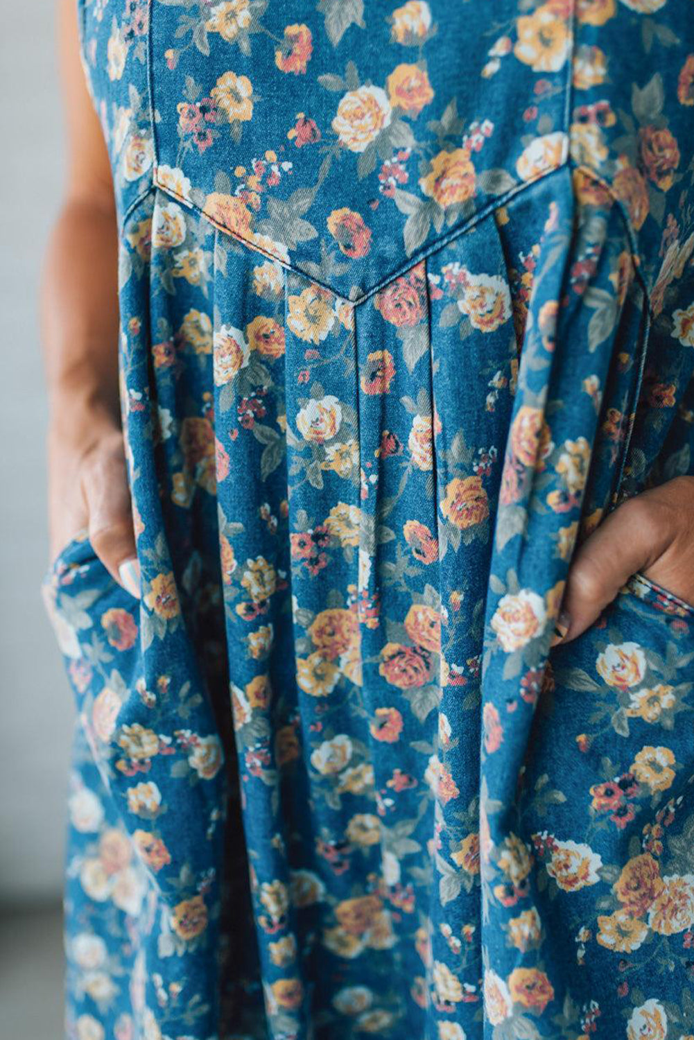 Blue Vintage Rose Printed Pleated Loose Denim Overall Jumpsuit