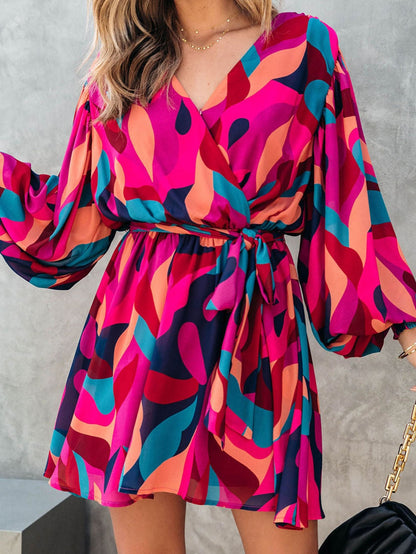 Lapel Print Lace-Up Long Sleeve Dress