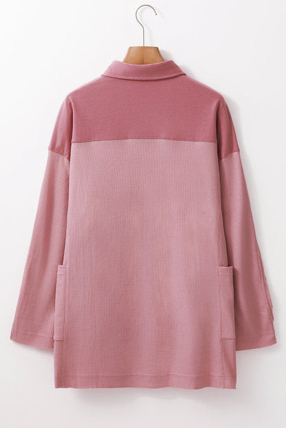 Pink Waffle Long Sleeve Collar Half Button Loose Top
