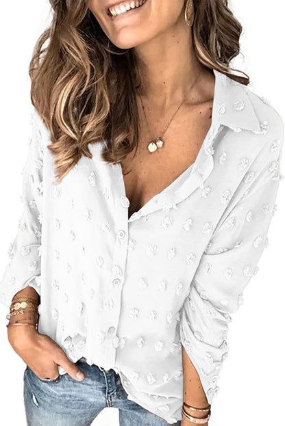 Elegant White Fuzzy Polka Dot Button-Up Shirt