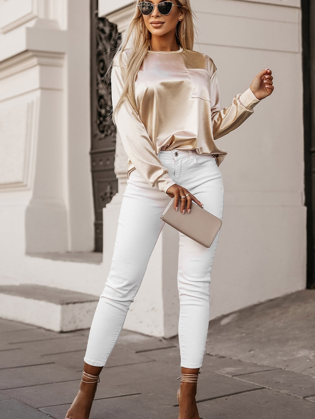 Glittery Apricot Satin Long Sleeve Top with Chest Pocket