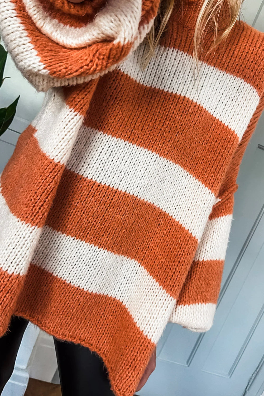 Orange Stripe High Neck Oversized Knit Tunic Sweater