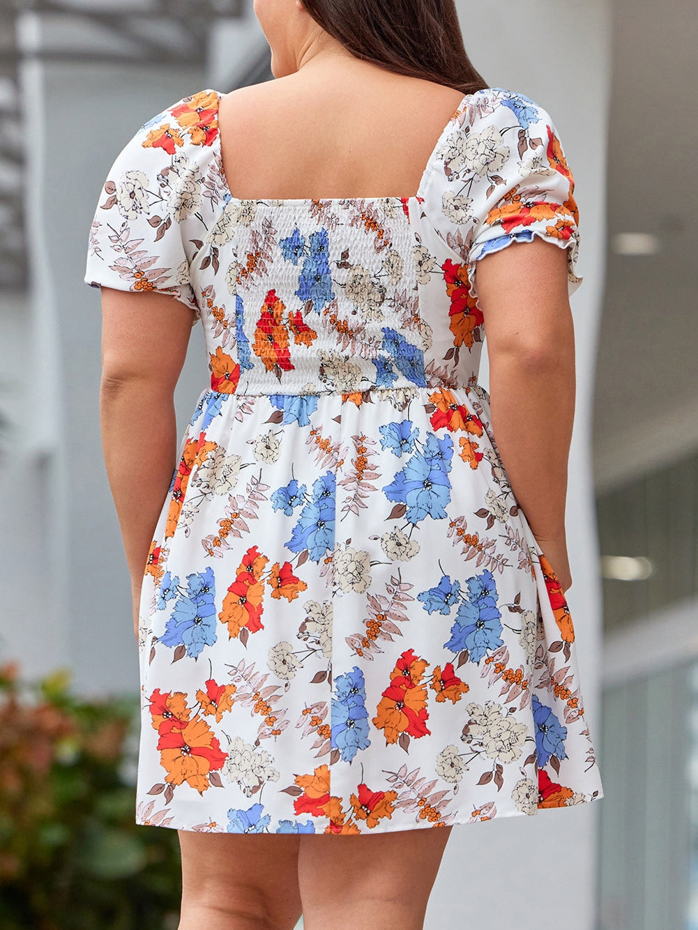 White Floral Smocked Flared Plus Size Dress