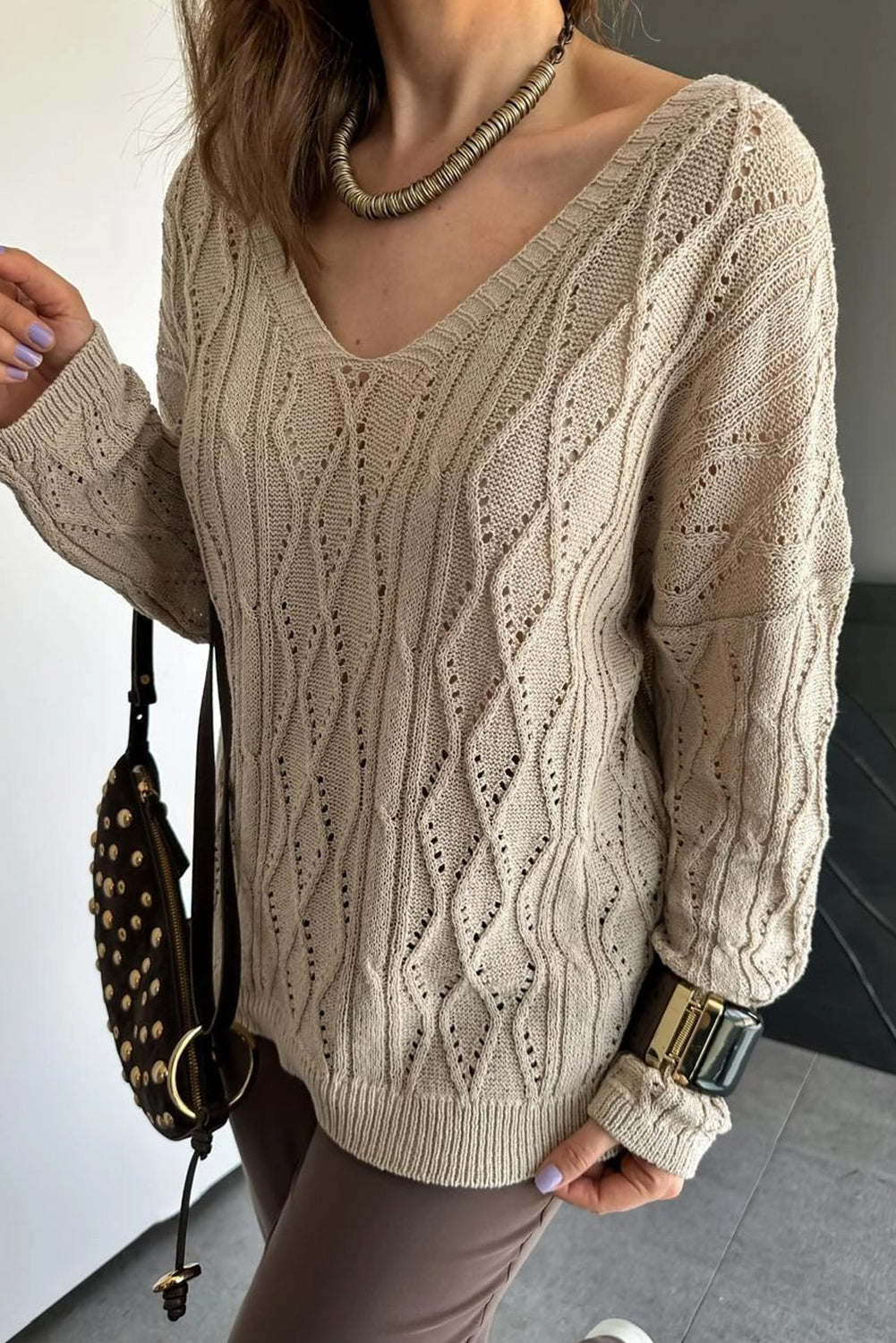 Parchment Geometric Textured Crisscross Lace up Knit V Neck Sweater