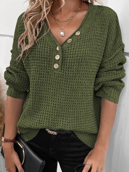 Green Buttoned V Neck Drop Shoulder Sweater with Pointelle Knit