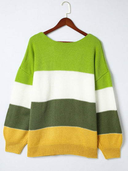 Cozy Green Color Block Plus Size Knit Sweater