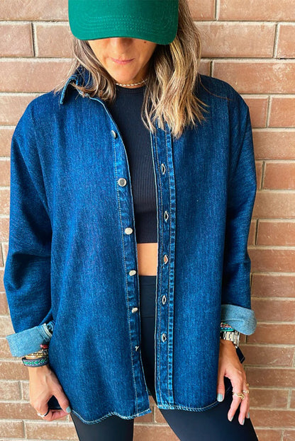 Sky Blue Contrast Panel Patchwork Button Down Boyfriend Style Denim Jacket