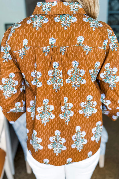 Brown Floral Print 3/4 Sleeve Contrast V Neck Patchwork Blouse