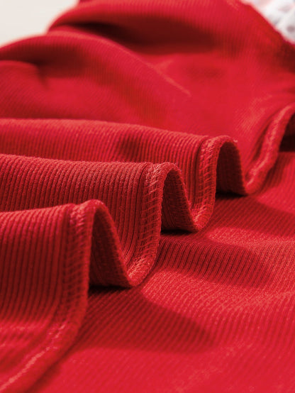 Festive Red Animal Print Lantern Sleeve Patchwork Top