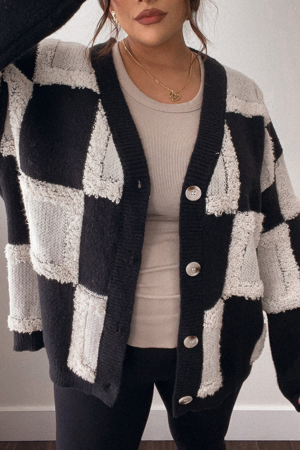 Black Checkered Buttoned V Neck Plus Size Cardigan