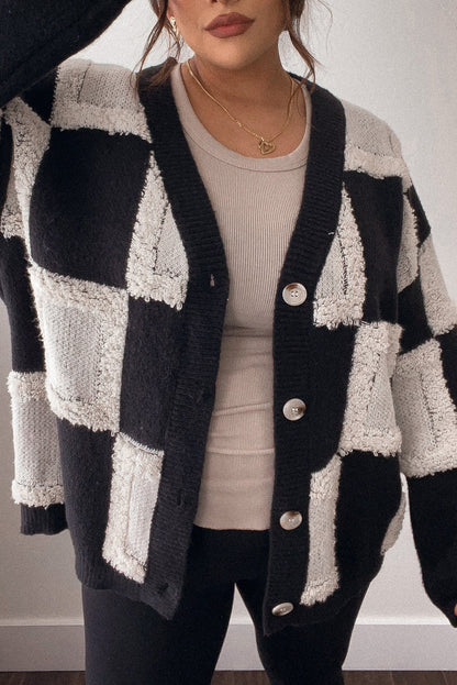 Black Checkered Buttoned V Neck Plus Size Cardigan