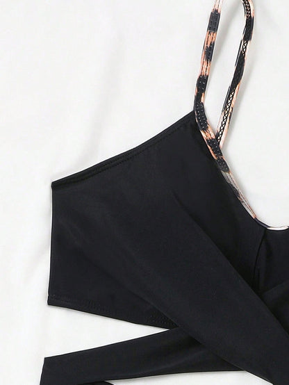 Black Leopard Print High Waisted Bikini with Criss Cross Tie Detail