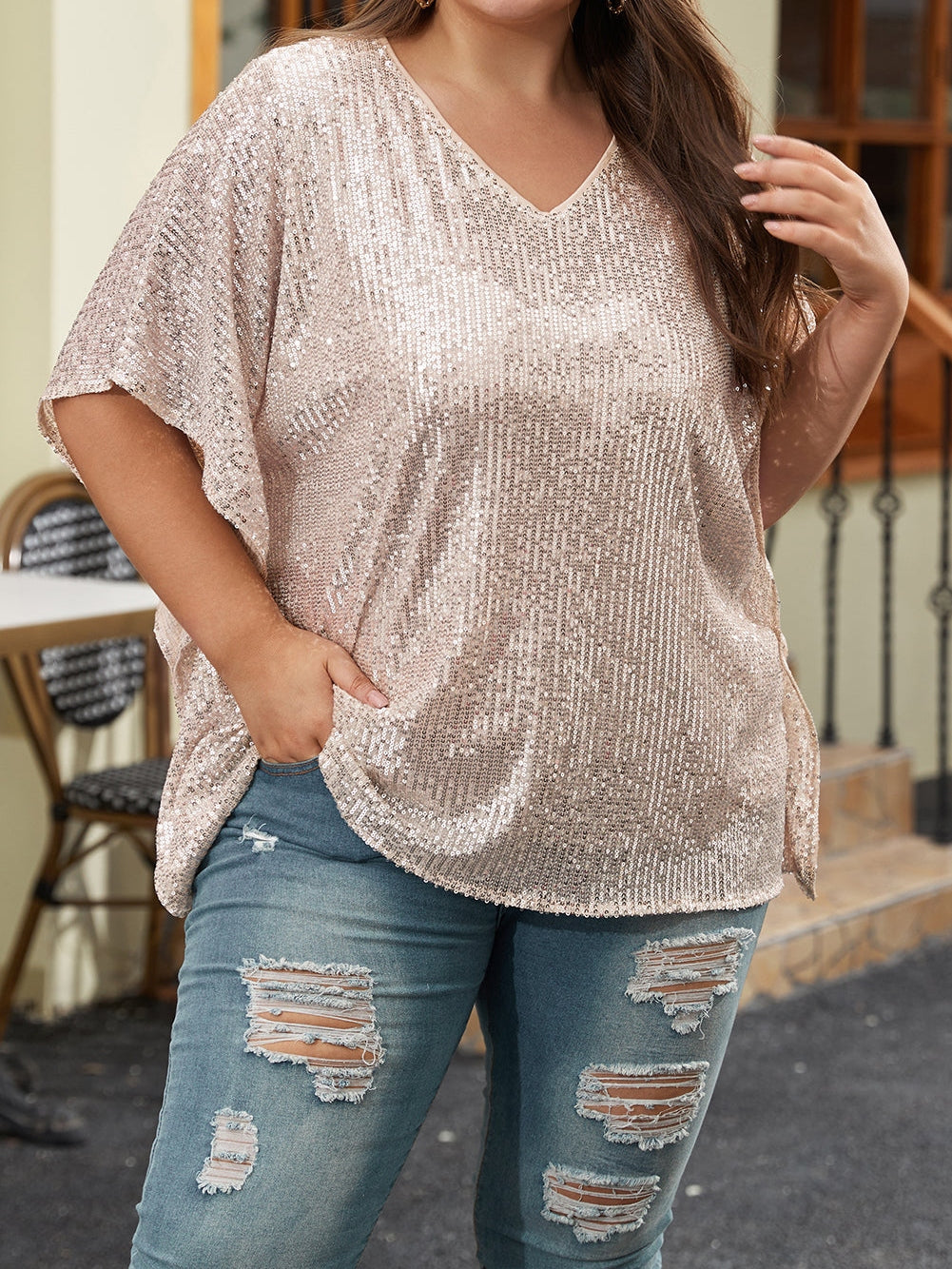 Apricot Plus Size Sequined V Neck Boxy Top