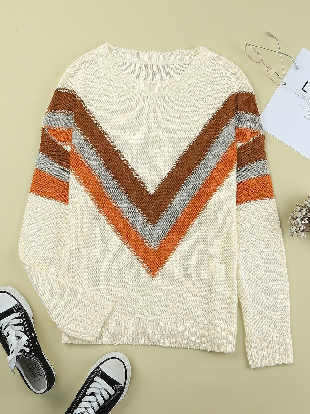 Beige Chevron Stripe Drop Shoulder Knit Pullover