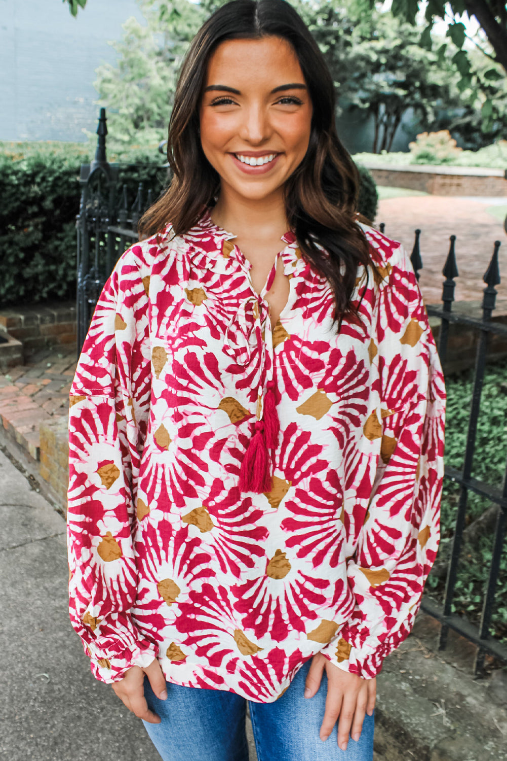 Red Abstract Floral Print Tassel Tie Neck Long Sleeve Blouse