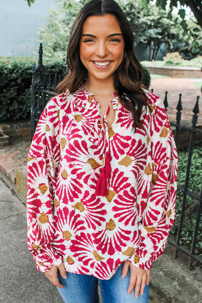 Red Abstract Floral Print Tassel Tie Neck Long Sleeve Blouse