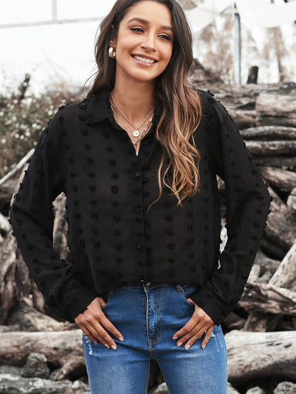 Elegant Black Polka Dot Fuzzy Button-Up Blouse