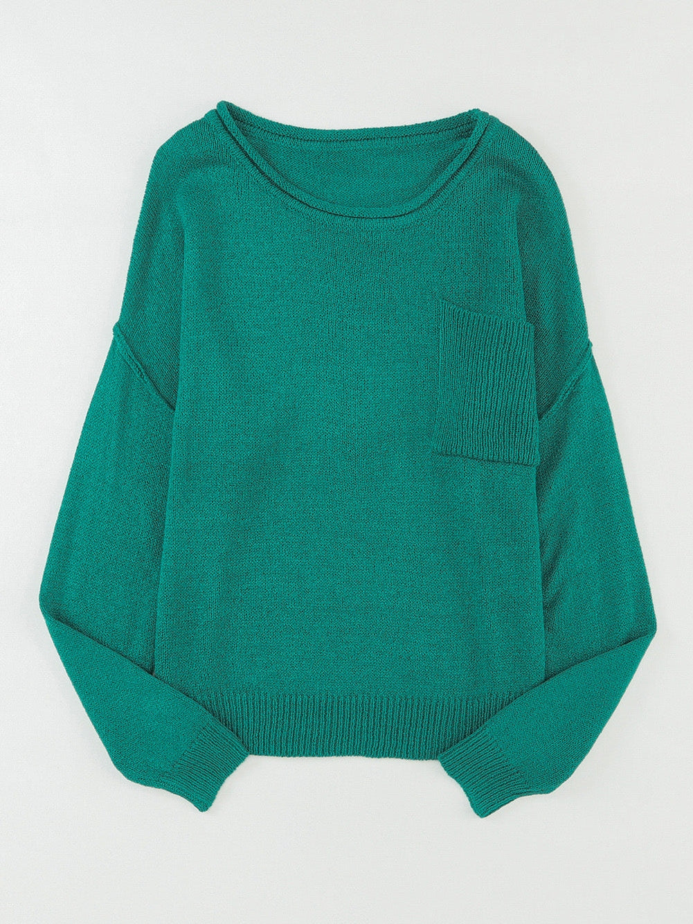 Green Rib Knit Off Shoulder Sweater with Chest Pocket