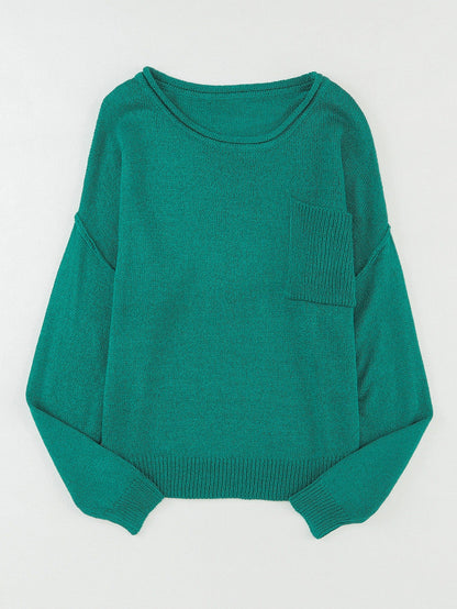 Green Rib Knit Off Shoulder Sweater with Chest Pocket
