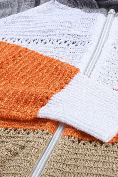 Gray Colorblock Knit Hoodie with Zipper Detail