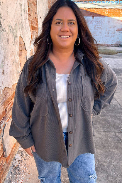 Dark Grey Rib Knit Exposed Seam Button up Plus Shacket