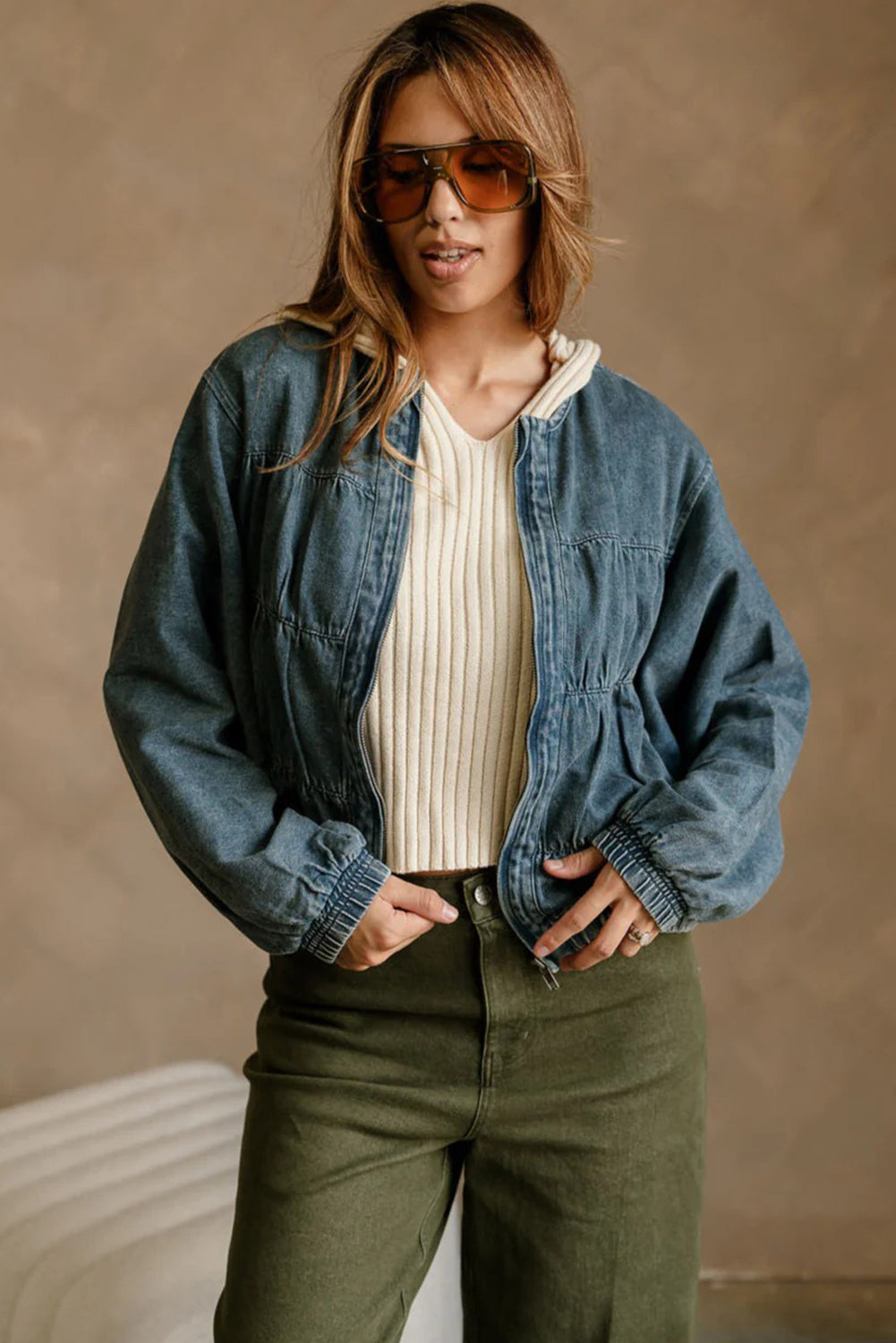 Real Teal Pleated Seam Detail Round Neck Zip Up Denim Jacket