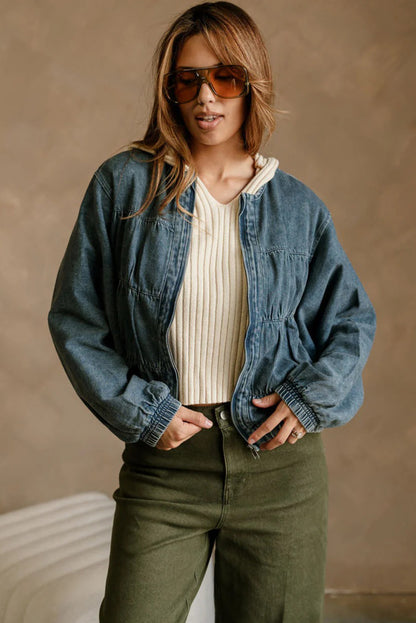 Real Teal Pleated Seam Detail Round Neck Zip Up Denim Jacket