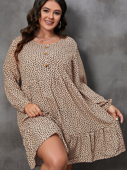 Brown Leopard Spotted Print Tiered Long Sleeve Plus Size Dress