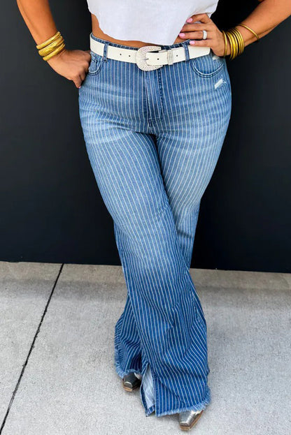 Sky Blue Stripe Raw Hem Split Leg Flared Jeans