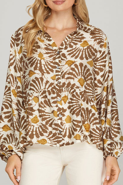 Khaki Abstract Floral Print Ruffle Hem Long Sleeve Shirt