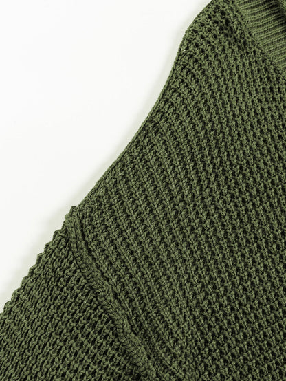 Green Buttoned V Neck Drop Shoulder Sweater with Pointelle Knit