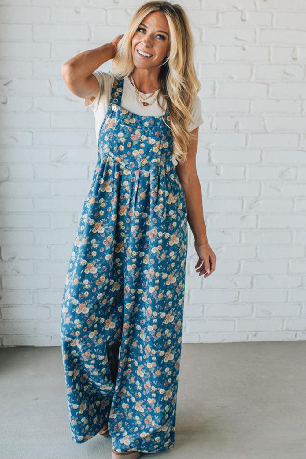 Blue Vintage Rose Printed Pleated Loose Denim Overall Jumpsuit