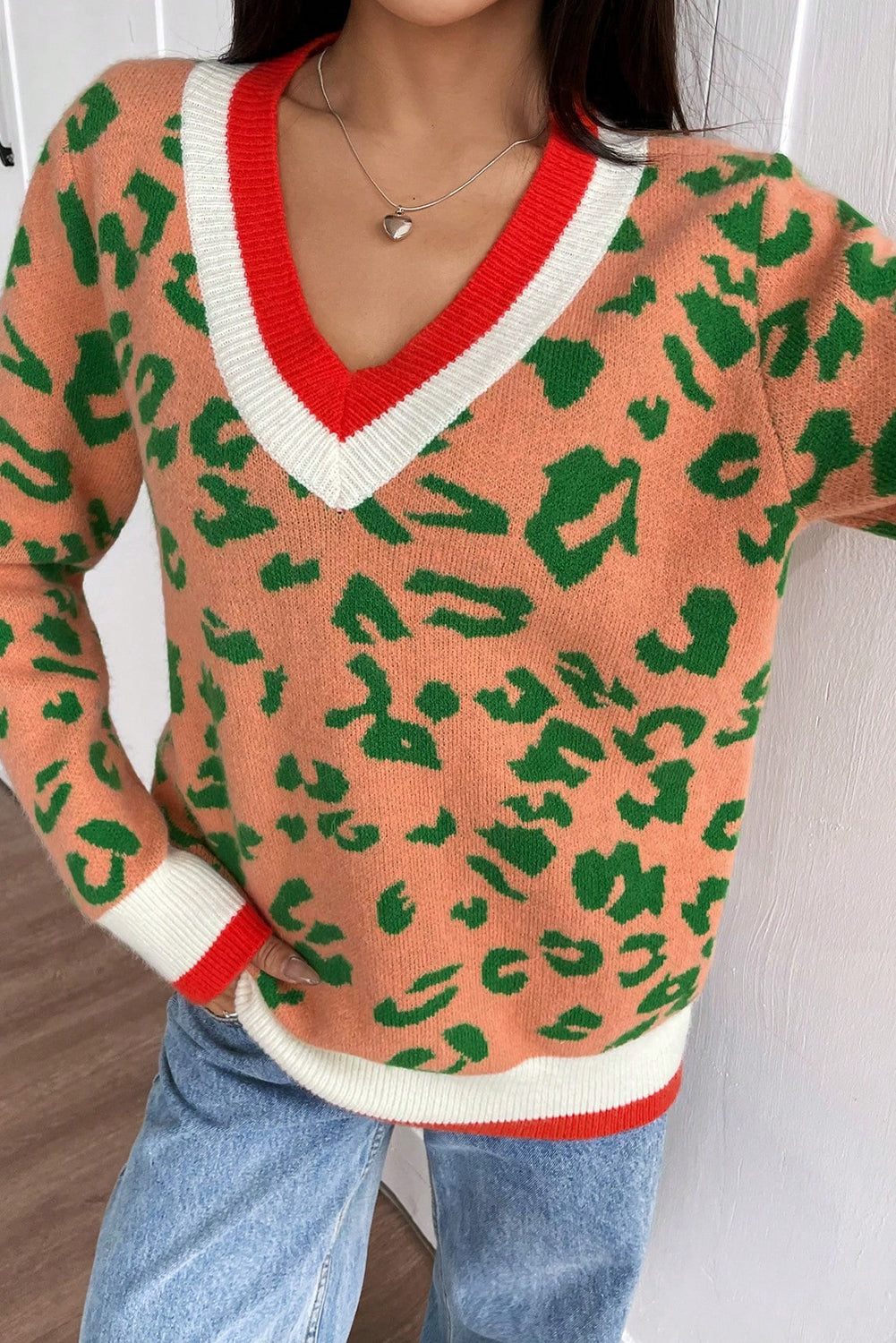 Orange Leopard Pattern Knit Contrast Striped Trim V Neck Sweater